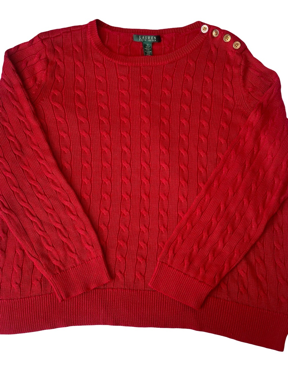 Lauren Ralph Lauren Women’s Red Cable-Knit Button Shoulder Crew Sweater Size 1X
